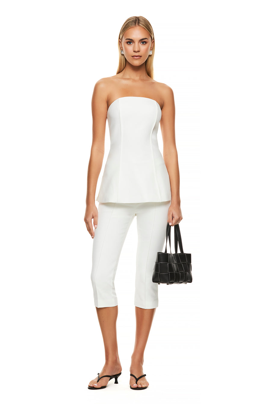 THE REMY WHITE STRAPLESS TOP | model