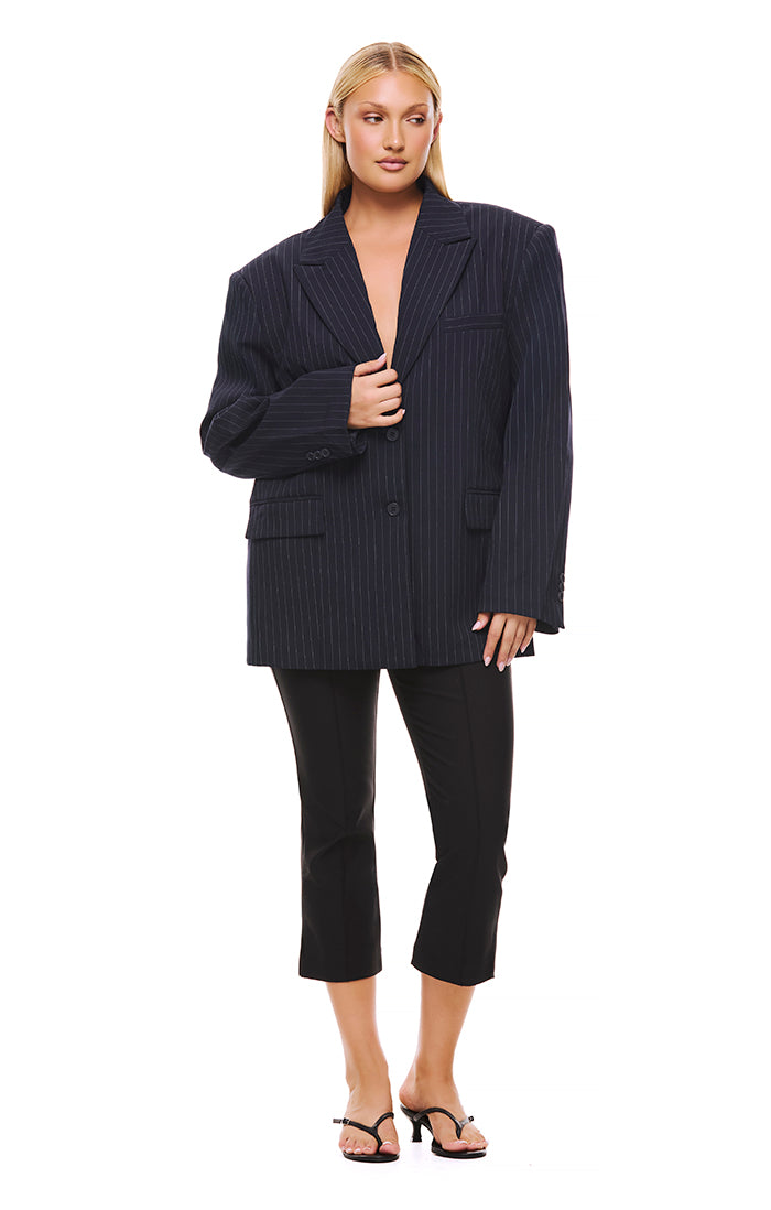 THE ISLA NAVY PINSTRIPE BLAZER | model