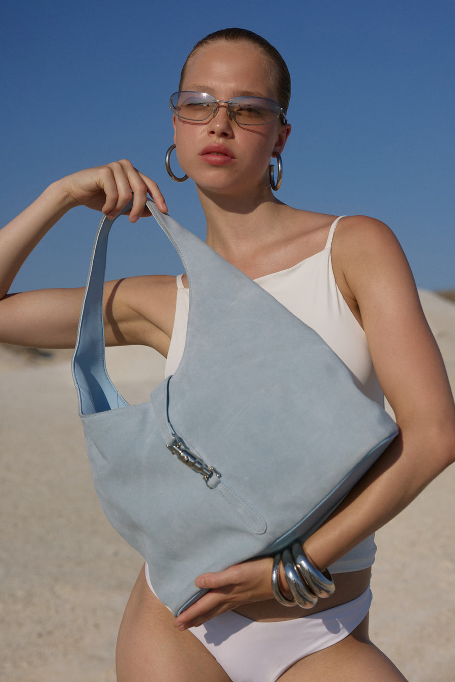 THE PIPER POWDER BLUE SUEDE BAG