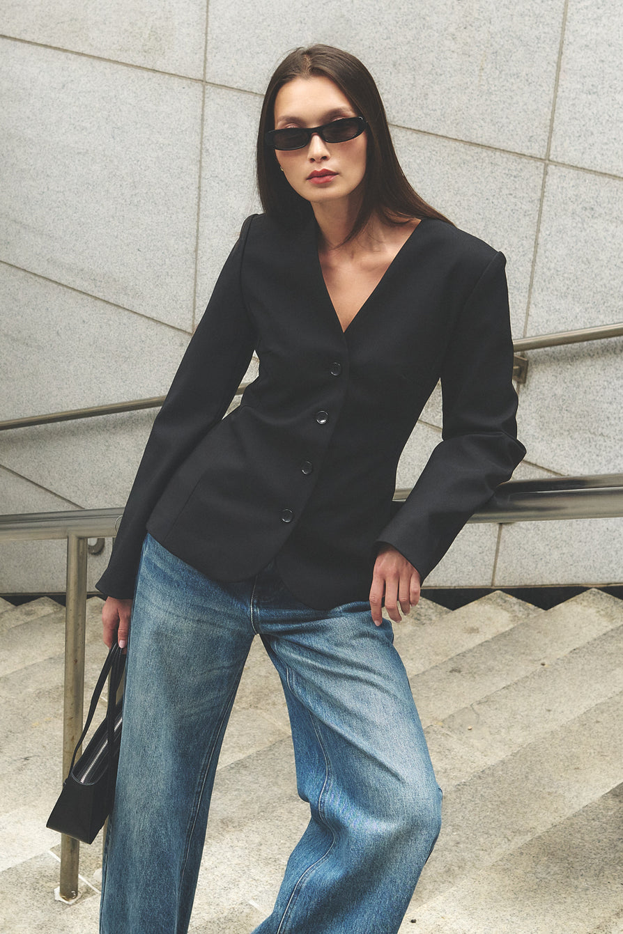 THE CELINE COLLARLESS BLACK BLAZER | CAMPAIGN
