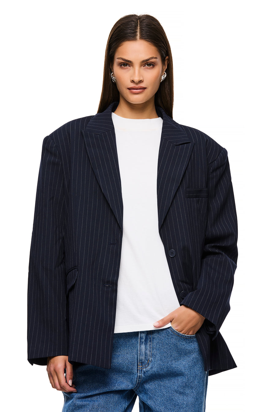 THE ISLA NAVY PINSTRIPE BLAZER | model