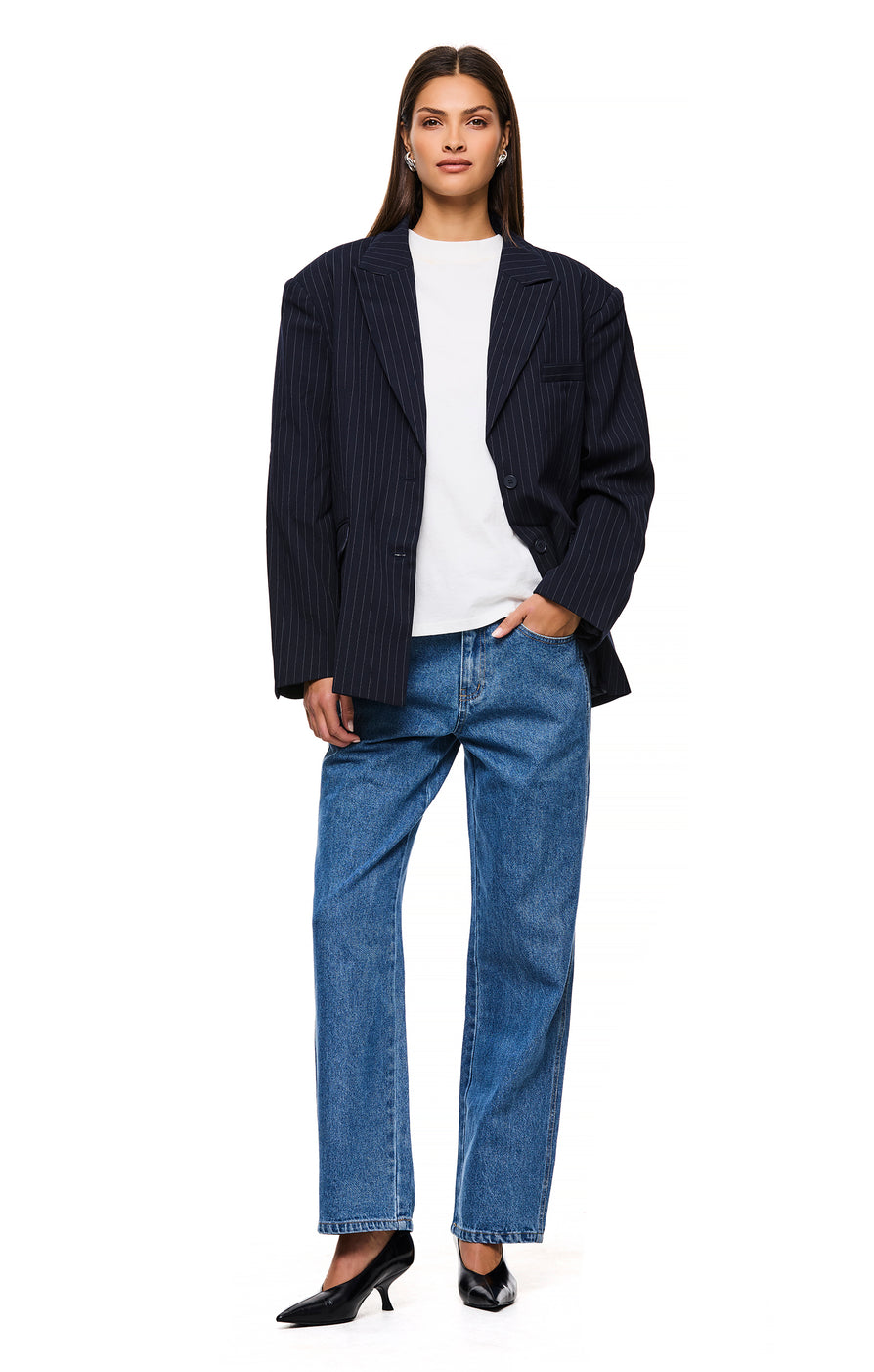 THE ISLA NAVY PINSTRIPE BLAZER | model