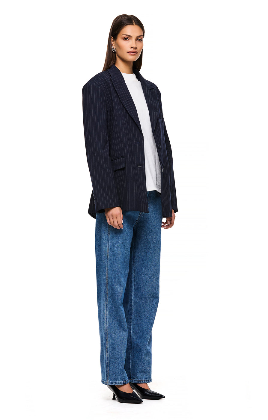 THE ISLA NAVY PINSTRIPE BLAZER | model