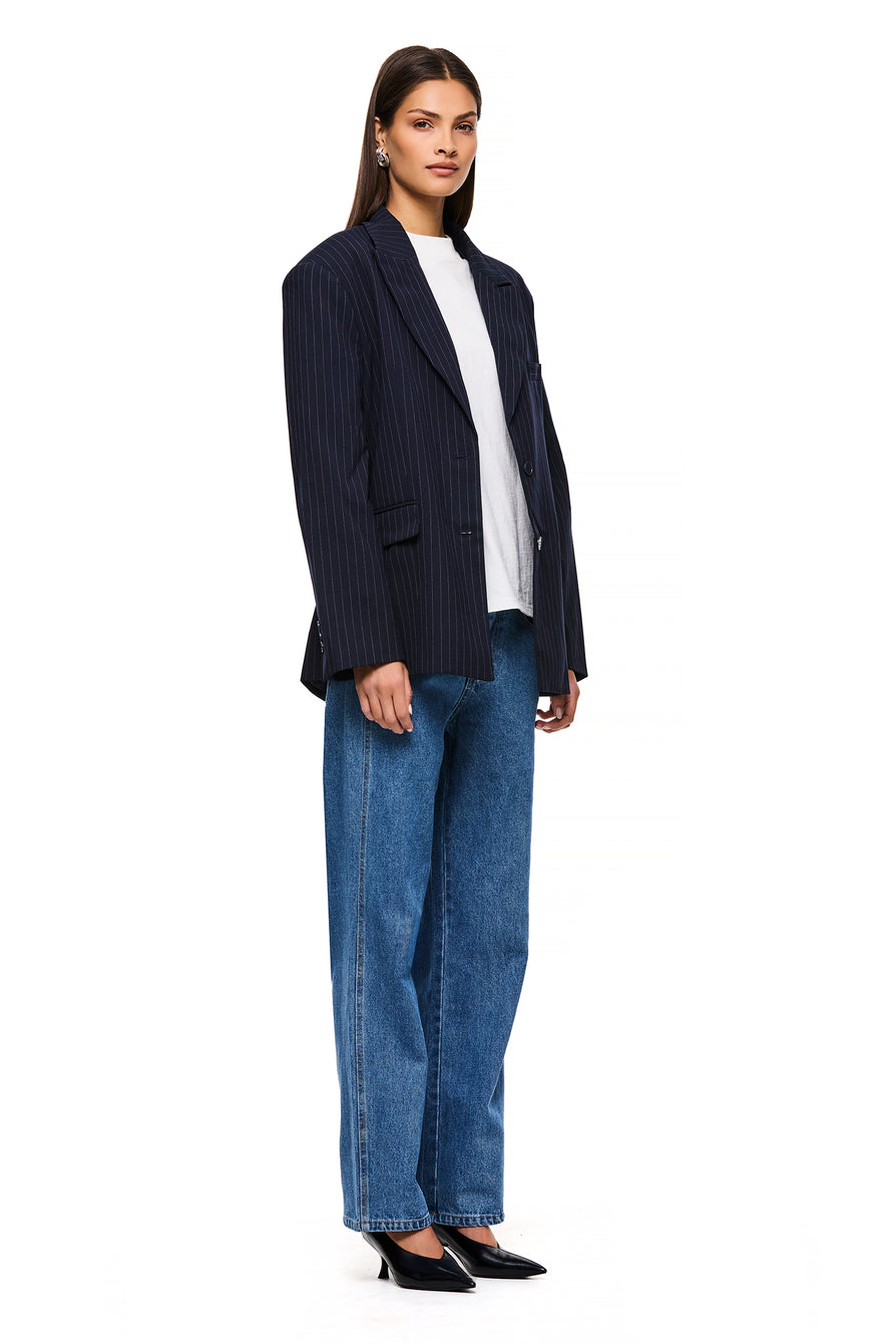 THE ISLA NAVY PINSTRIPE BLAZER | model